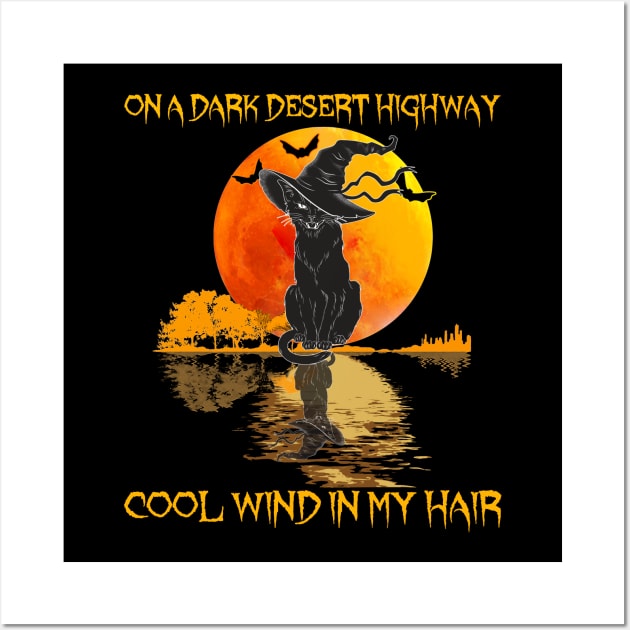 Black Cat Witch Hat On A Dark Desert Highways Halloween Shirt Wall Art by Rozel Clothing